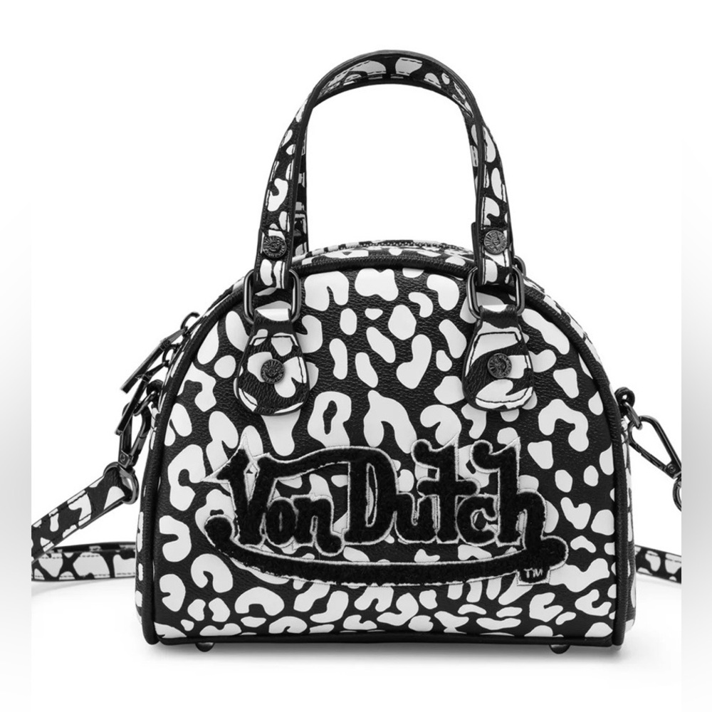 Von Dutch Black & White Leopard Logo Dome Satchel Bag